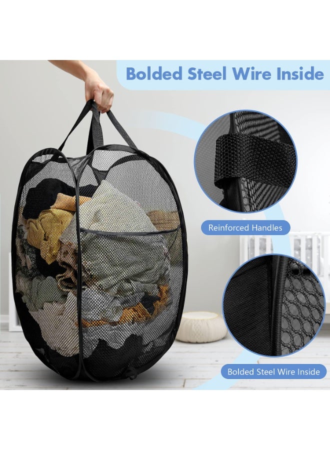 سلة غسيل قابلة للطي عبوتان، سلة غسيل شبكية منبثقة مع فتحة واسعة وجيب جانبي - تصميم مسامي ومتين وقابل للطي وموفر للمساحة للملابس والتخزين (أسود) - Image 3